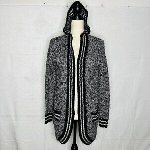 True Craft Sz XS Hooded Open Varsity Cardigan Chunky Knit Sweater Black/White